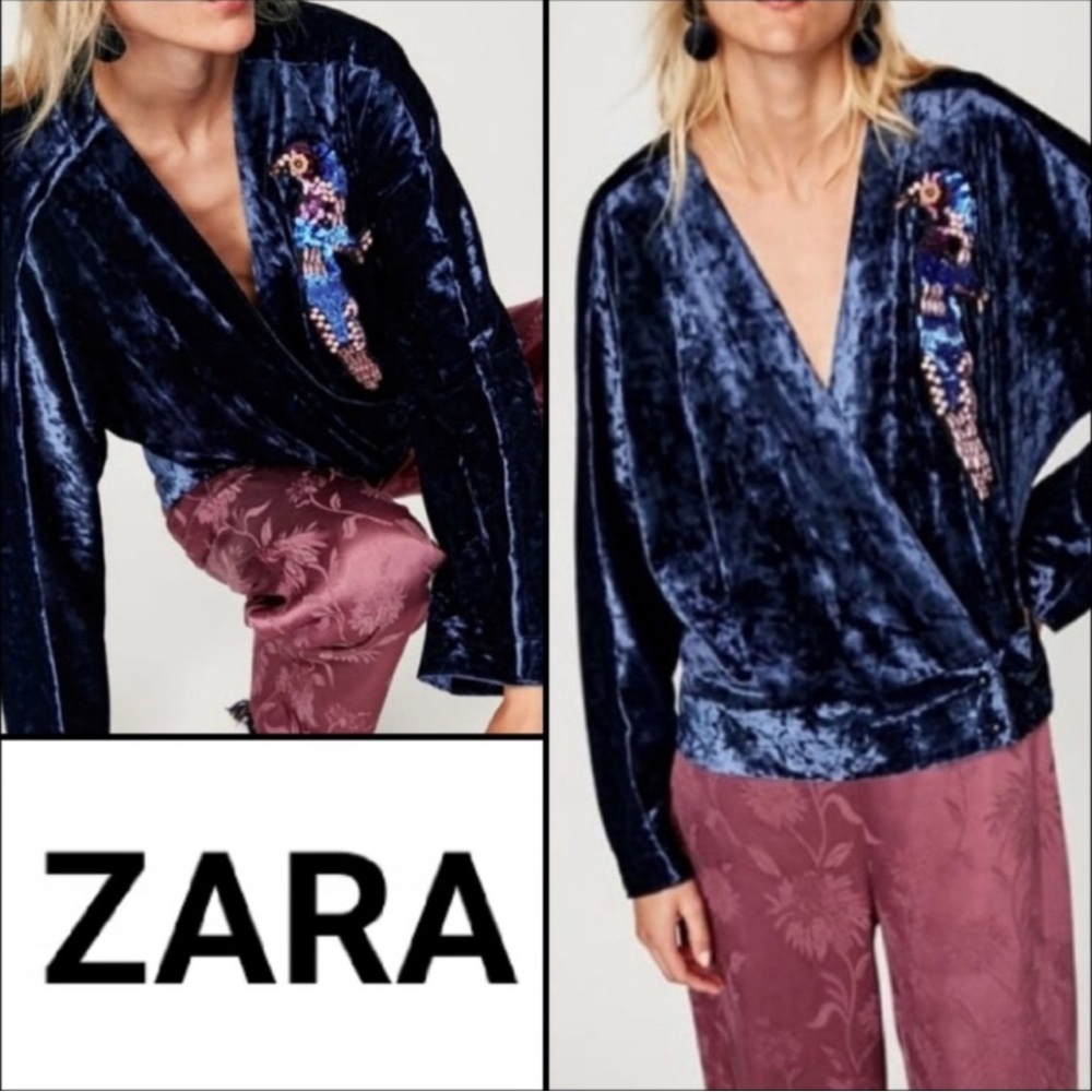 Zara Navy Velvet Wrap Blouse with Embellished Design